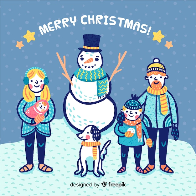 Hand drawn family with snowman christmas background