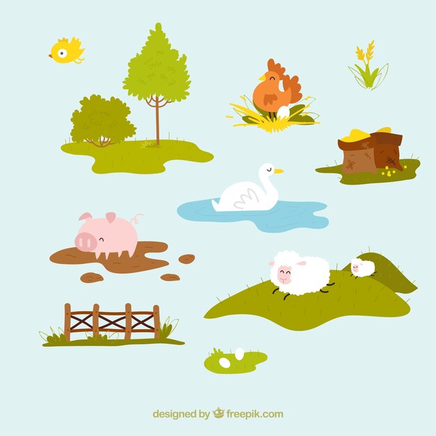 Hand drawn farm animals and elements