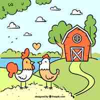 Free vector hand drawn farm background with hen and rooster