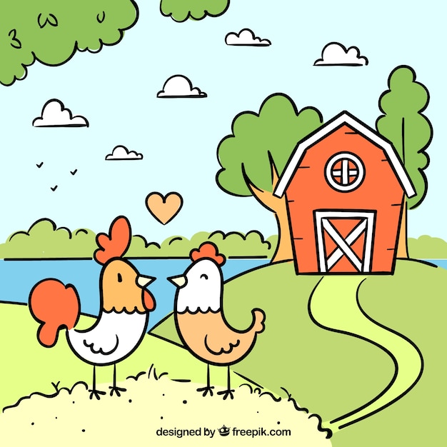 Hand drawn farm background with hen and rooster 