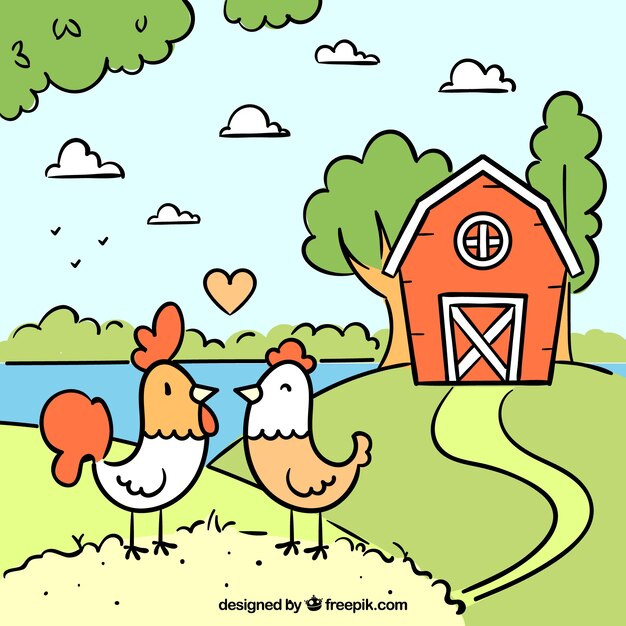 鶏と鶏と手描きの農場の背景