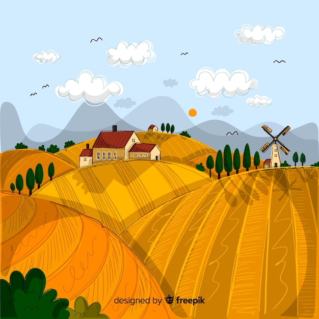 Hand drawn farm landscape background