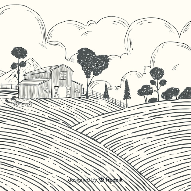 Free vector hand drawn farm landscape background