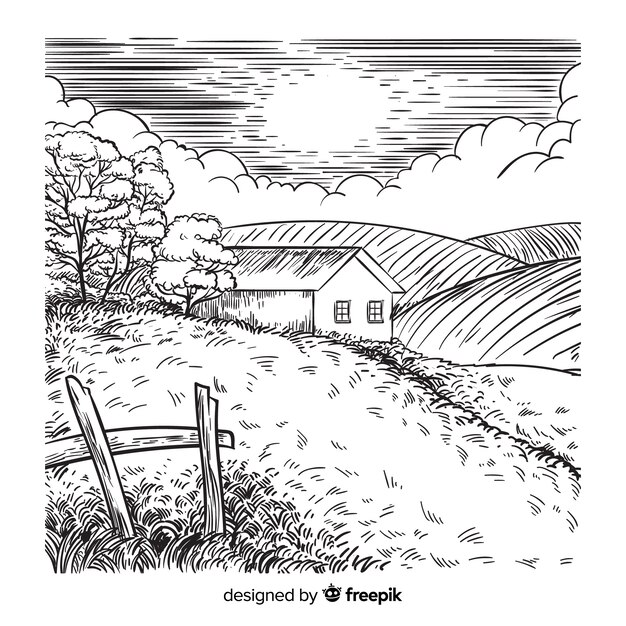 Hand drawn farm landscape background