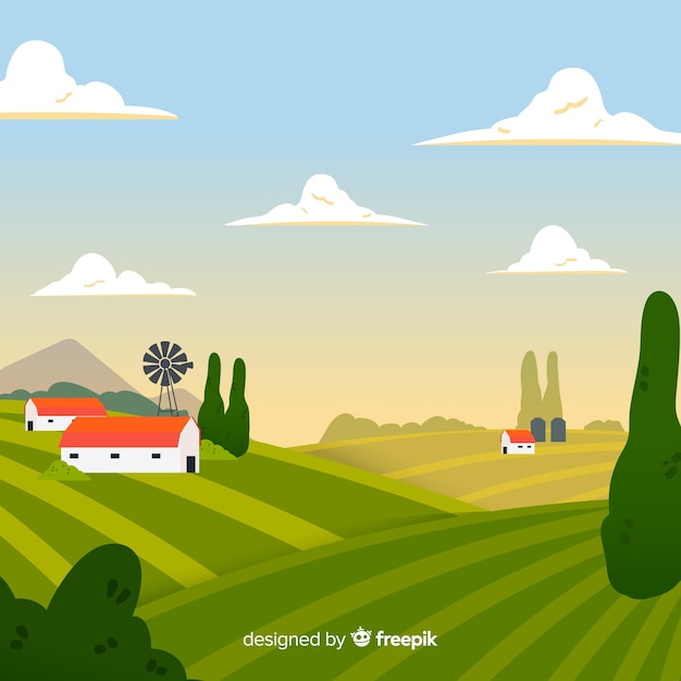 Бесплатное векторное изображение Ручной обращается фермы пейзажный фон