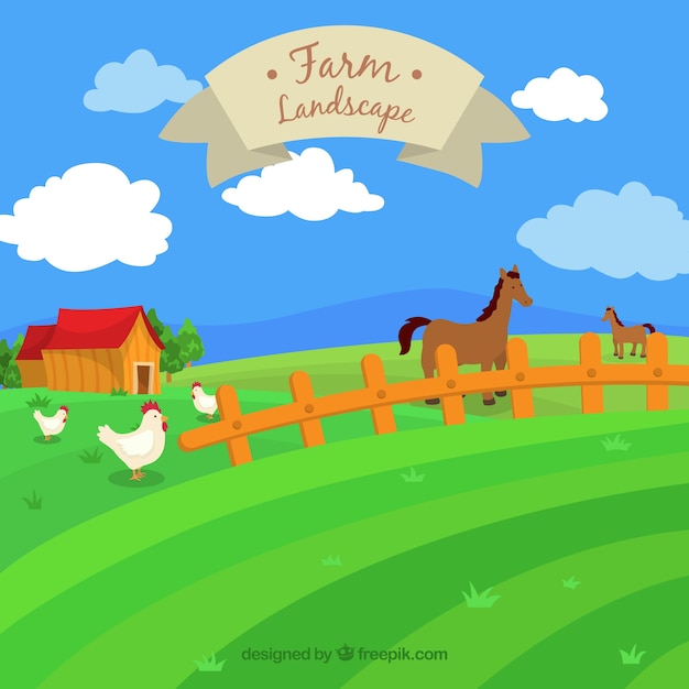 Hand drawn farm landscape with animals