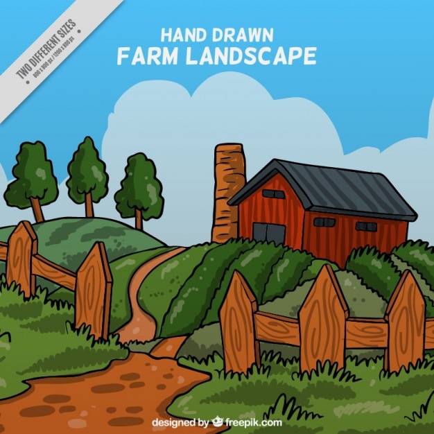 Free vector hand drawn farm landscape with a fence