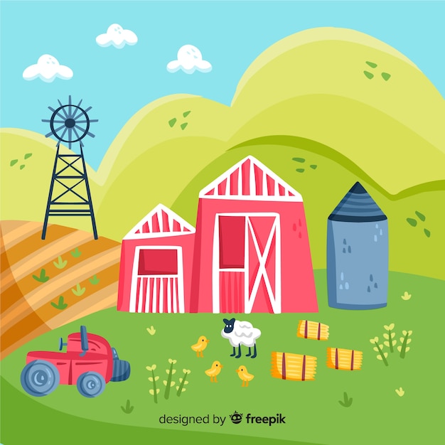 Бесплатное векторное изображение Ручной обращается фермы пейзаж