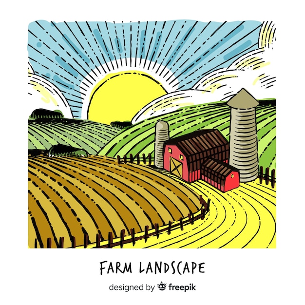 Free vector hand drawn farm landscape