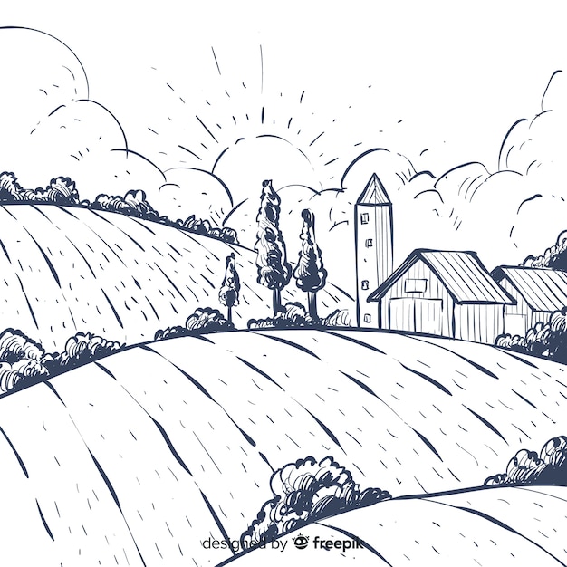 Hand drawn farm landscape