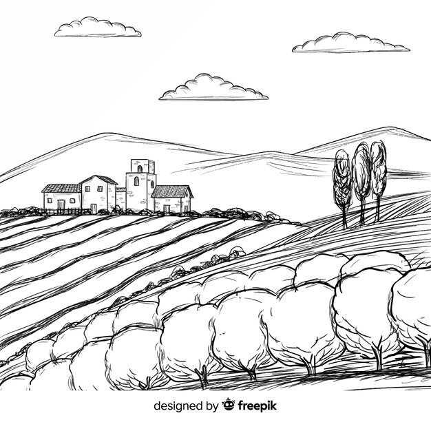 Hand drawn farm landscape