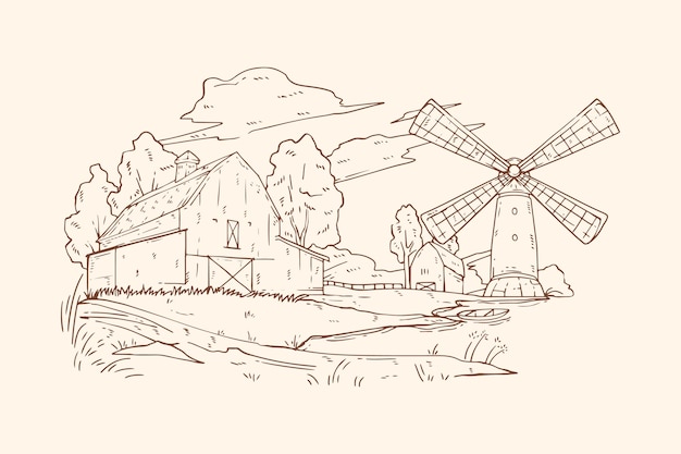 Бесплатное векторное изображение Нарисованная рукой иллюстрация контура фермы