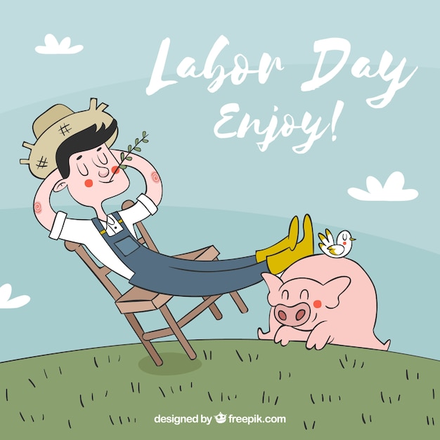 Hand drawn farmer with pig on labor day