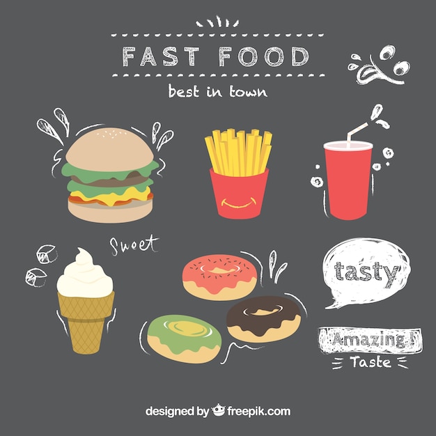 Hand drawn fast food on a blackboard