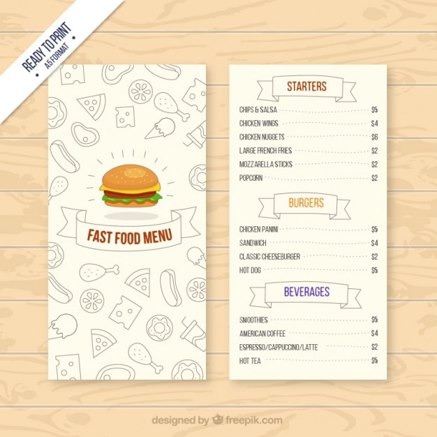 Hand drawn fast food menu