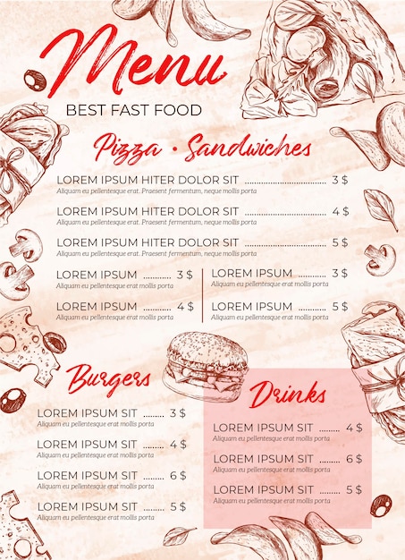 Modello di menu ristorante fast food disegnato a mano