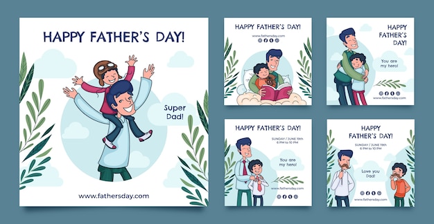 Free vector hand drawn father's day instagram posts collection with father and child