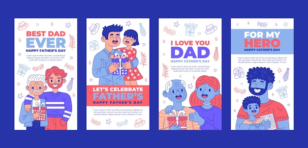 Vettore gratuito collezione di storie di instagram per la festa del papà disegnata a mano