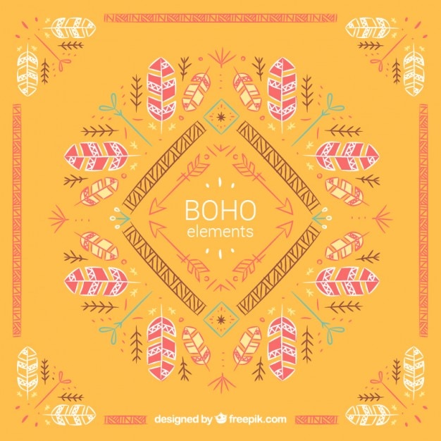 무료 벡터 boho 스타일의 손으로 그린 깃털과 나뭇잎 장식