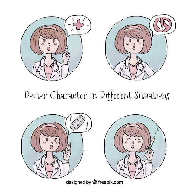 Free Vector hand drawn female doctor character collection