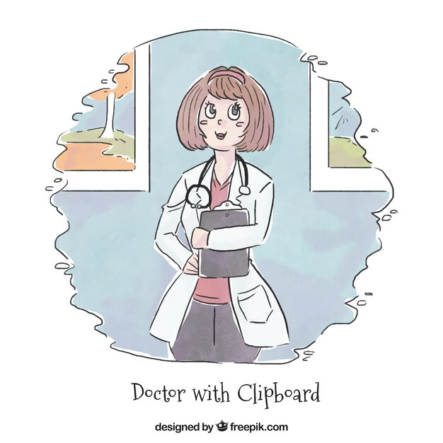 Free Vector hand drawn female doctor with clipboard