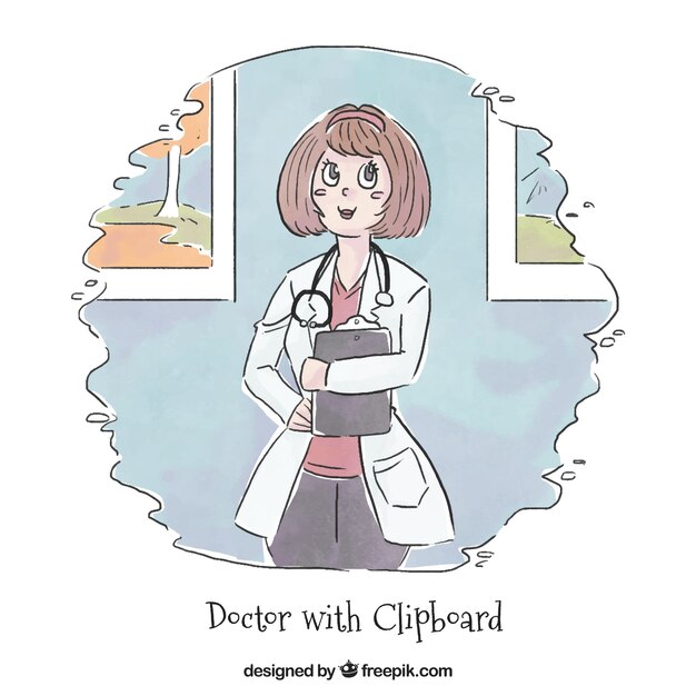 Hand drawn female doctor with clipboard