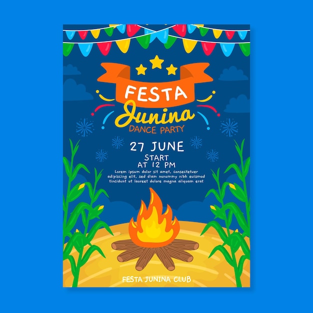손으로 그린 축제 junina 캠프 파이어 포스터
