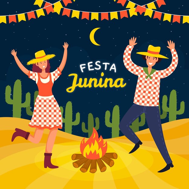 Hand drawn festa junina people dancing around campfire