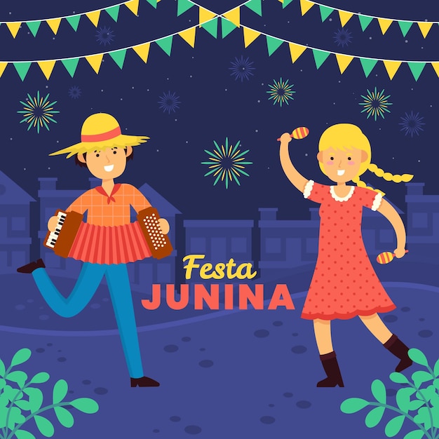 손으로 그린 축제 junina 사람들이 음악과 춤을 연주