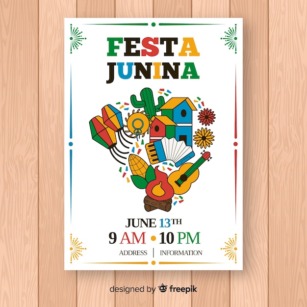 손으로 그린 축제 junina 포스터 템플릿 무료 벡터