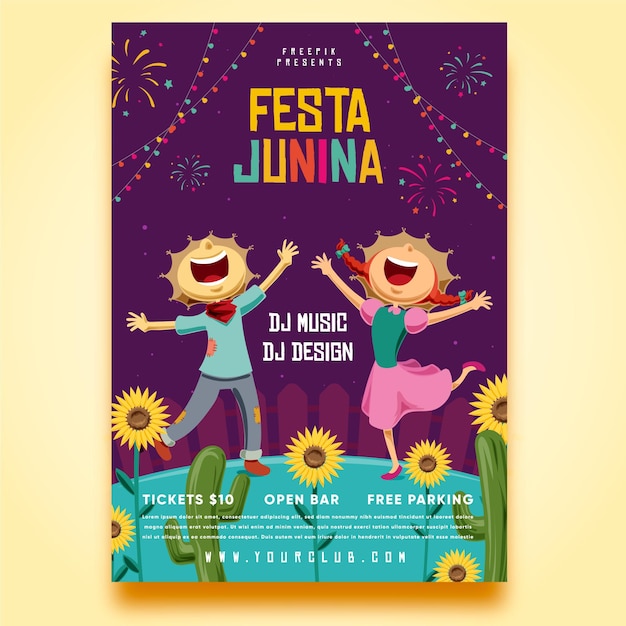 Vettore gratuito modello di manifesto festa junina disegnata a mano