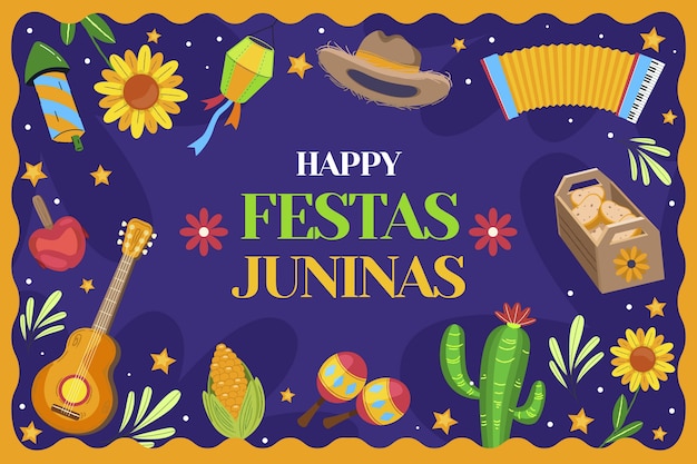 무료 벡터 기타와 손으로 그린된 festas juninas 배경