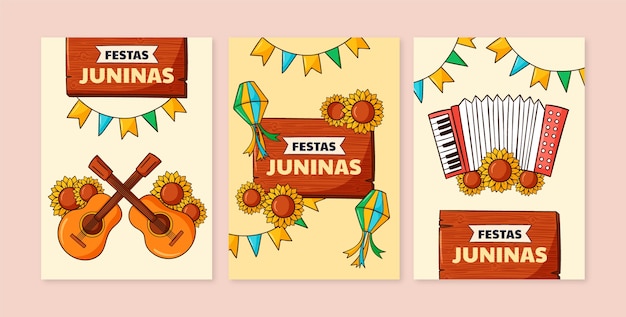 Vettore gratuito collezione di carte festas juninas disegnate a mano