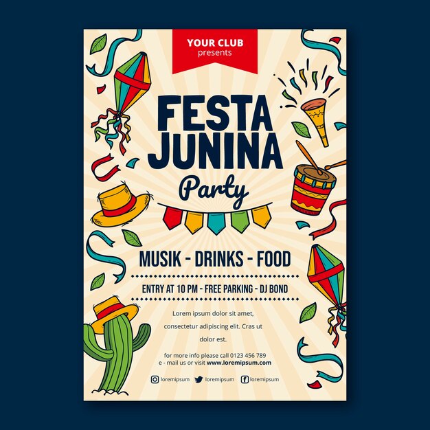 Нарисованный рукой шаблон флаера festas juninas