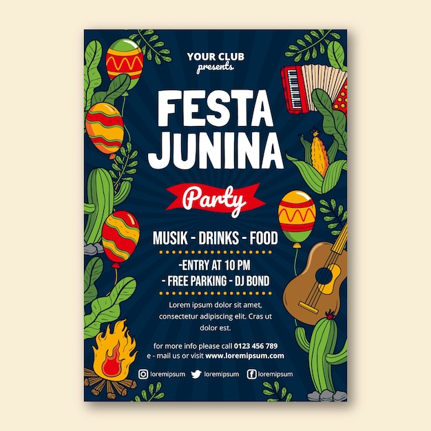 Нарисованный рукой шаблон флаера festas juninas