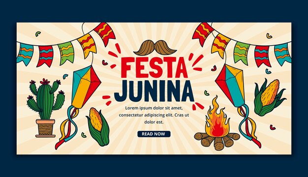 Ручной обращается шаблон горизонтального баннера festas juninas