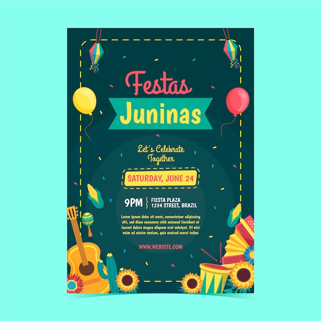 기타와 함께 손으로 그린 festas juninas 포스터