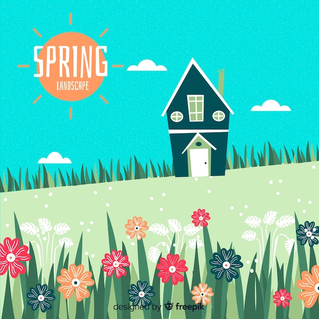 Free vector hand drawn field spring landscape