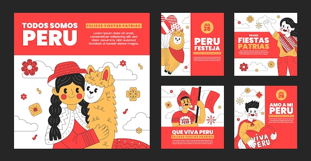 Hand drawn fiestas patrias peru instagram posts collection with people and llama