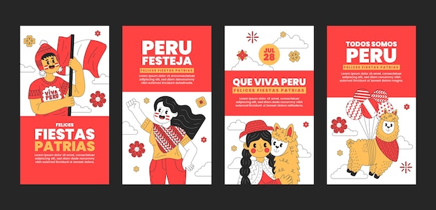 Vettore gratuito raccolta di storie di instagram di fiestas patrias perù disegnate a mano con persone e lama