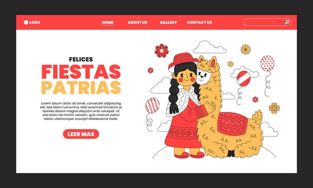 Hand drawn fiestas patrias peru landing page template with person and llama