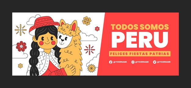 Hand drawn fiestas patrias peru social media cover template with woman and llama