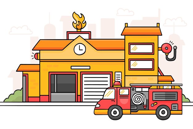 Hand drawn fire station building illustrated