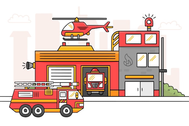 Hand drawn fire station building illustrated