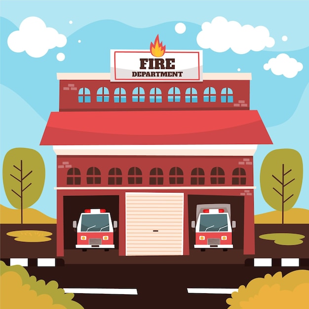 Hand drawn fire station building illustrated