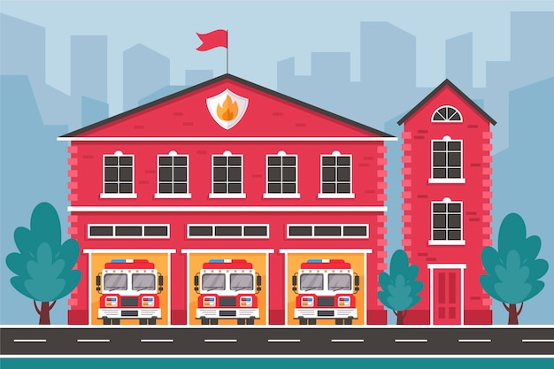 Hand drawn fire station building illustrated