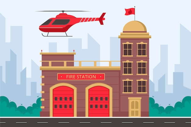 Hand drawn fire station building illustrated