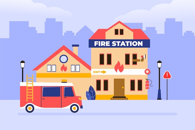 Hand drawn fire station illustrated
