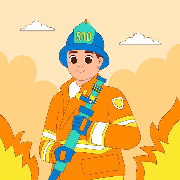 Бесплатное векторное изображение Нарисованная рукой иллюстрация шаржа пожарного