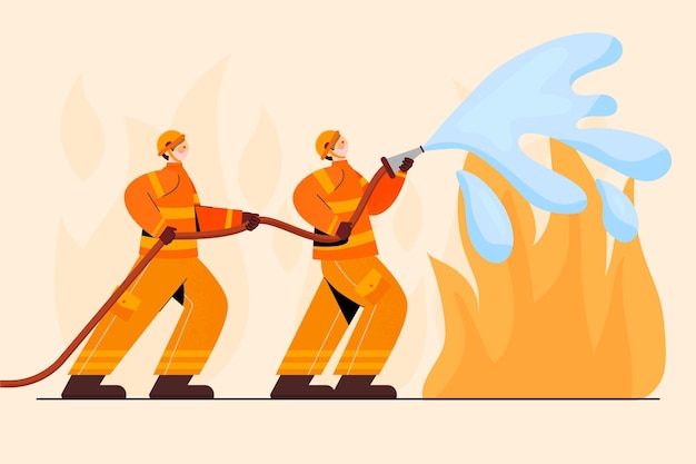 Бесплатное векторное изображение Нарисованные рукой пожарные тушат пожар